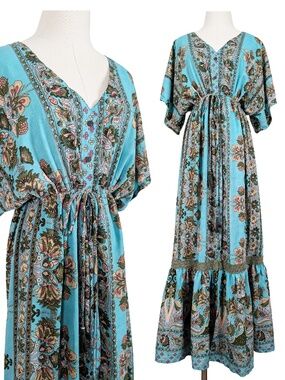 Anthropologie Boemo Maxi Kimono-Style Dress Bohemian Size Large Turquoise